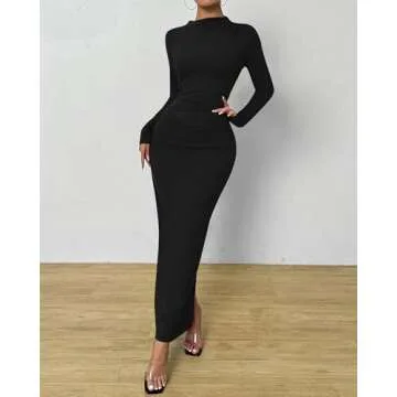 BTFBM Women Bodycon Maxi Dress Long Sleeve Back Slit Ruched Elegant Party Cocktail Formal Fall Wedding Guest Dresses(Solid Black, Large)