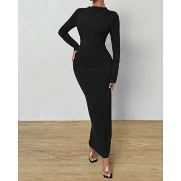 BTFBM Women Bodycon Maxi Dress Long Sleeve Back Slit Ruched Elegant Party Cocktail Formal Fall Wedding Guest Dresses(Solid Black, Large)