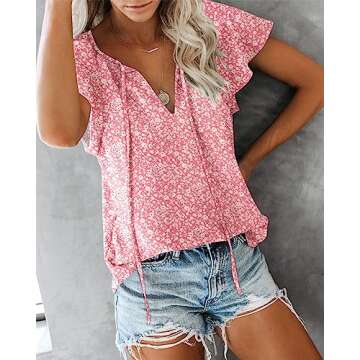 SimpleFun Flowy Shirts for Women Summer Casual Chiffon Lightweight Tops Ladies Dressy Blouse (Floral14,M)