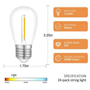 Visther 24-Pack String Light Bulbs, S14 Outdoor Waterproof Replacement Bulb, E26 Base Bulbs, 1W 120V...