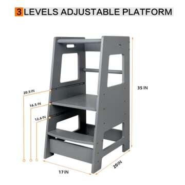 ECOMEX Standing Tower for Toddlers, Toddler Stool for Kitchen Counter Kids Kitchen Step Stool with Safety Rail Toddler Standing Tower with Adjustable Platform for Kitchen Counter, Upgraded Grey