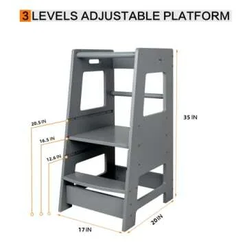 ECOMEX Standing Tower for Toddlers, Toddler Stool for Kitchen Counter Kids Kitchen Step Stool with Safety Rail Toddler Standing Tower with Adjustable Platform for Kitchen Counter, Upgraded Grey