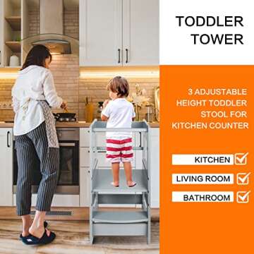 ECOMEX Standing Tower for Toddlers, Toddler Stool for Kitchen Counter Kids Kitchen Step Stool with Safety Rail Toddler Standing Tower with Adjustable Platform for Kitchen Counter, Upgraded Grey