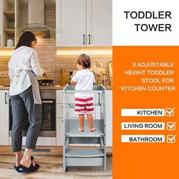 ECOMEX Standing Tower for Toddlers, Toddler Stool for Kitchen Counter Kids Kitchen Step Stool with Safety Rail Toddler Standing Tower with Adjustable Platform for Kitchen Counter, Upgraded Grey
