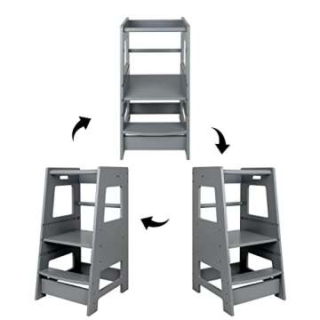 ECOMEX Standing Tower for Toddlers, Toddler Stool for Kitchen Counter Kids Kitchen Step Stool with Safety Rail Toddler Standing Tower with Adjustable Platform for Kitchen Counter, Upgraded Grey