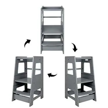 ECOMEX Standing Tower for Toddlers, Toddler Stool for Kitchen Counter Kids Kitchen Step Stool with Safety Rail Toddler Standing Tower with Adjustable Platform for Kitchen Counter, Upgraded Grey