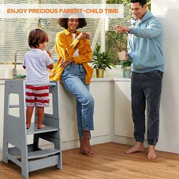 ECOMEX Standing Tower for Toddlers, Toddler Stool for Kitchen Counter Kids Kitchen Step Stool with Safety Rail Toddler Standing Tower with Adjustable Platform for Kitchen Counter, Upgraded Grey