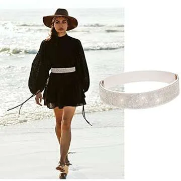 YeeHeen Stretchy Rhinestone Belts Elastic Crystal Waist Belt Bling Wide Cinch Belt for Women Girls 70CM White