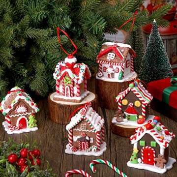Gingerbread House Ornaments Holiday Christmas Tree Ornament Set Gingerbread Christmas Decor with Rope Gingerbread House Decor Xmas Decorative Hanging Ornaments for Xmas (Charming Style,6 Pcs)