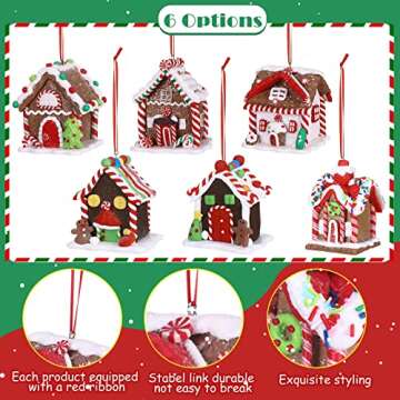 Gingerbread House Ornaments Holiday Christmas Tree Ornament Set Gingerbread Christmas Decor with Rope Gingerbread House Decor Xmas Decorative Hanging Ornaments for Xmas (Charming Style,6 Pcs)