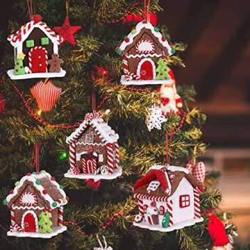 Gingerbread House Ornaments Holiday Christmas Tree Ornament Set Gingerbread Christmas Decor with Rope Gingerbread House Decor Xmas Decorative Hanging Ornaments for Xmas (Charming Style,6 Pcs)
