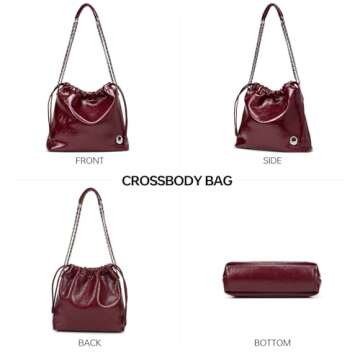 LA FESTIN Leather Shoulder Bag for Women: Drawstring Crossbody Purse Wine Red Hobo Tote Bag Trendy Handbag - Suitable for Travel Daily Occasions with Pockets