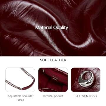LA FESTIN Leather Shoulder Bag for Women: Drawstring Crossbody Purse Wine Red Hobo Tote Bag Trendy Handbag - Suitable for Travel Daily Occasions with Pockets