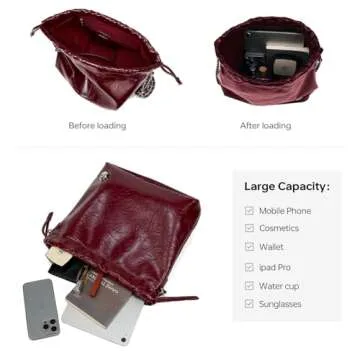 LA FESTIN Leather Shoulder Bag for Women: Drawstring Crossbody Purse Wine Red Hobo Tote Bag Trendy Handbag - Suitable for Travel Daily Occasions with Pockets
