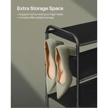 SONGMICS Shoe Rack, 3 Tier Shoe Organizer, Fabric Shoe Shelf Storage with 4 Hooks, Holds up to 12 Pairs of Shoes, Height-Adjustable Shoe Rack for Entryway, Hallway, Closet, Easy Assembly, Ink Black