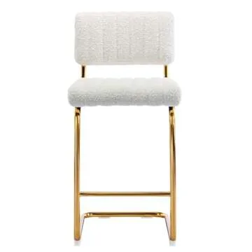 Zesthouse Mid Century Modern Counter Height Stools Set of 2, 26'' Upholstered Boucle Fabric Counter Barstools with Channel Tufting for Kitchen Island, Armless Bar Chairs with Backs & Gold Base, White