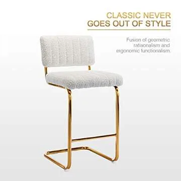 Zesthouse Mid Century Modern Counter Height Stools Set of 2, 26'' Upholstered Boucle Fabric Counter Barstools with Channel Tufting for Kitchen Island, Armless Bar Chairs with Backs & Gold Base, White