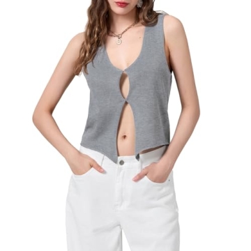 Mylleure Women Sexy Crochet Knit Vest Y2K Slim Fit Button Halter V-Neck Dressy Tuxedo Suit Waistcoats Versatile Racerback Vintage Streetwear