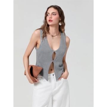 Mylleure Women Sexy Crochet Knit Vest Y2K Slim Fit Button Halter V-Neck Dressy Tuxedo Suit Waistcoats Versatile Racerback Vintage Streetwear