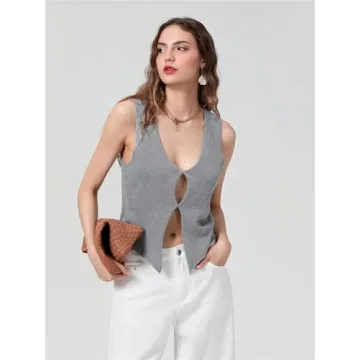 Mylleure Women Sexy Crochet Knit Vest Y2K Slim Fit Button Halter V-Neck Dressy Tuxedo Suit Waistcoats Versatile Racerback Vintage Streetwear