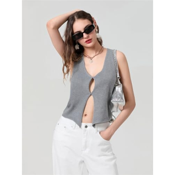 Mylleure Women Sexy Crochet Knit Vest Y2K Slim Fit Button Halter V-Neck Dressy Tuxedo Suit Waistcoats Versatile Racerback Vintage Streetwear