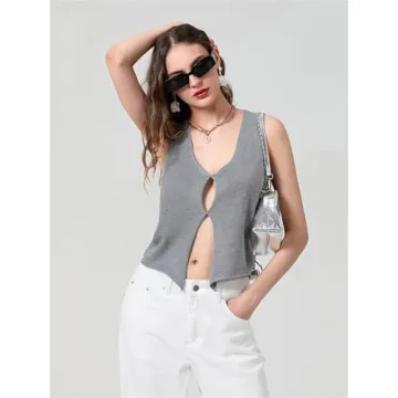 Mylleure Women Sexy Crochet Knit Vest Y2K Slim Fit Button Halter V-Neck Dressy Tuxedo Suit Waistcoats Versatile Racerback Vintage Streetwear