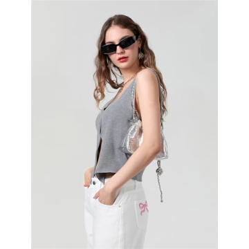 Mylleure Women Sexy Crochet Knit Vest Y2K Slim Fit Button Halter V-Neck Dressy Tuxedo Suit Waistcoats Versatile Racerback Vintage Streetwear