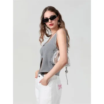 Mylleure Women Sexy Crochet Knit Vest Y2K Slim Fit Button Halter V-Neck Dressy Tuxedo Suit Waistcoats Versatile Racerback Vintage Streetwear