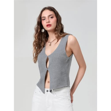 Mylleure Women Sexy Crochet Knit Vest Y2K Slim Fit Button Halter V-Neck Dressy Tuxedo Suit Waistcoats Versatile Racerback Vintage Streetwear