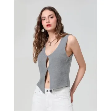 Mylleure Women Sexy Crochet Knit Vest Y2K Slim Fit Button Halter V-Neck Dressy Tuxedo Suit Waistcoats Versatile Racerback Vintage Streetwear