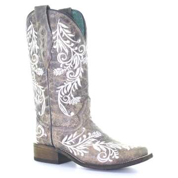 Corral Boots Women's Glow In The Dark White Feathered Floral Embroidery Brown Square Toe Cowboy Boot...