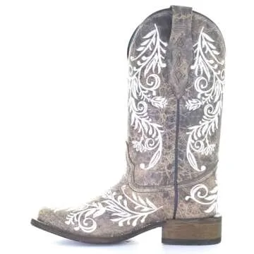 Corral Boots Women's Glow In The Dark White Feathered Floral Embroidery Brown Square Toe Cowboy Boot (Brown, 8M US)