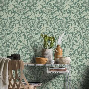 Simon&Siff Botanical Wallpaper William Morris Peel and Stick Wallpaper Removable,Vintage Floral Wallpaper for Kitchen Bedroom Bathroom Stick On Walls Paper Flowers Wall Decor (Green,17.3"x480")
