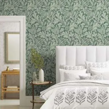 Simon&Siff Botanical Wallpaper William Morris Peel and Stick Wallpaper Removable,Vintage Floral Wallpaper for Kitchen Bedroom Bathroom Stick On Walls Paper Flowers Wall Decor (Green,17.3"x480")