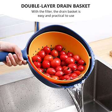 Hemoton Vegetable Washing Basket with Handle Fruit Washing Colander Double Layer Veggie Food Washing Bowl Basket with Filter Yellow Blue