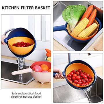 Hemoton Vegetable Washing Basket with Handle Fruit Washing Colander Double Layer Veggie Food Washing Bowl Basket with Filter Yellow Blue