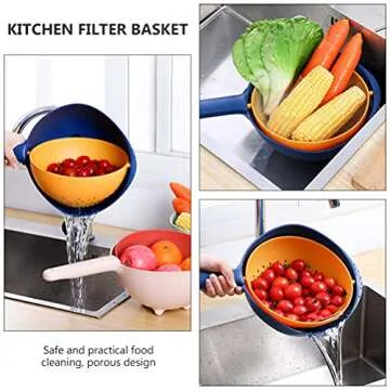Hemoton Vegetable Washing Basket with Handle Fruit Washing Colander Double Layer Veggie Food Washing Bowl Basket with Filter Yellow Blue