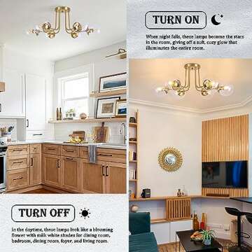 KoKo&Yukina 6-Light Mid Century Ceiling Light Modern Semi Flush Mount Ceiling Light Fixture Globe Ceiling Light with Clear Glass Shade Brushed Brass Finish for Bedroom Hallway Dining Room Living Room