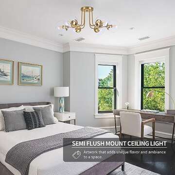 KoKo&Yukina 6-Light Mid Century Ceiling Light Modern Semi Flush Mount Ceiling Light Fixture Globe Ceiling Light with Clear Glass Shade Brushed Brass Finish for Bedroom Hallway Dining Room Living Room