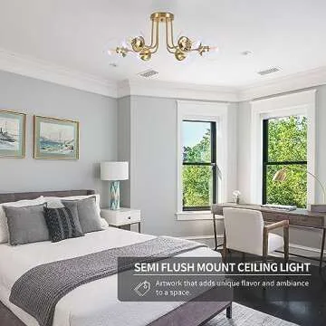 KoKo&Yukina 6-Light Mid Century Ceiling Light Modern Semi Flush Mount Ceiling Light Fixture Globe Ceiling Light with Clear Glass Shade Brushed Brass Finish for Bedroom Hallway Dining Room Living Room