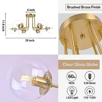 KoKo&Yukina 6-Light Mid Century Ceiling Light Modern Semi Flush Mount Ceiling Light Fixture Globe Ceiling Light with Clear Glass Shade Brushed Brass Finish for Bedroom Hallway Dining Room Living Room