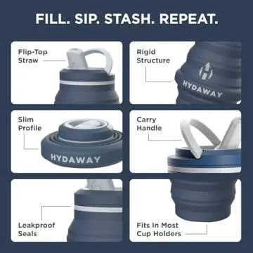 HYDAWAY Collapsible Water Bottle - 17oz I Reusable Water Bottles with Flip Top Lid for Travel, Hiking, Backpacking I Portable & Leakproof, Food-Grade Silicone, BPA Free, Collapses to 1.5”