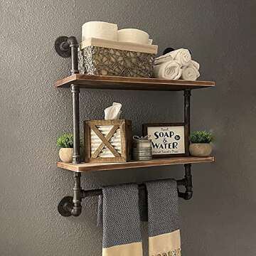 Industrial Pipe Shelving,Iron Pipe Shelves Bathroom Shelves with Towel bar,24in Rustic Metal Pipe Floating Pipe Wall Shelf,2 Tier Industrial Wall Mounted,Retro Brown