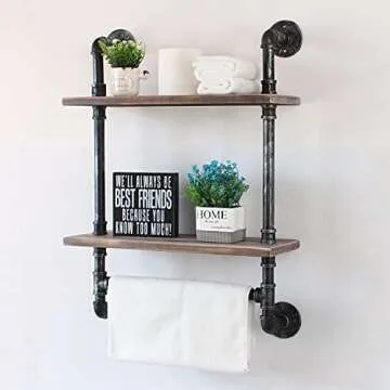 Industrial Pipe Shelving,Iron Pipe Shelves Bathroom Shelves with Towel bar,24in Rustic Metal Pipe Floating Pipe Wall Shelf,2 Tier Industrial Wall Mounted,Retro Brown