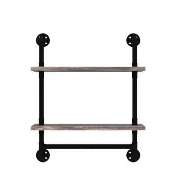 Industrial Pipe Shelving,Iron Pipe Shelves Bathroom Shelves with Towel bar,24in Rustic Metal Pipe Floating Pipe Wall Shelf,2 Tier Industrial Wall Mounted,Retro Brown