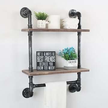 Industrial Pipe Shelving,Iron Pipe Shelves Bathroom Shelves with Towel bar,24in Rustic Metal Pipe Floating Pipe Wall Shelf,2 Tier Industrial Wall Mounted,Retro Brown