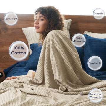 PHF 100% Cotton Waffle Weave Throw Blanket 50"x60" - Lightweight Cozy Washed Soft Breathable Throw for Adults and Kids - Great Layer for Couch Bed Sofa - Aesthetic Home Decoration Gift - Khaki