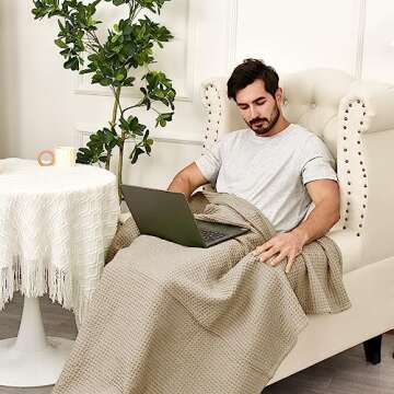 PHF 100% Cotton Waffle Weave Throw Blanket 50"x60" - Lightweight Cozy Washed Soft Breathable Throw for Adults and Kids - Great Layer for Couch Bed Sofa - Aesthetic Home Decoration Gift - Khaki