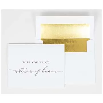 Will You Be My Bridesmaid Proposal Cards - 4x5.5 Folded White with Black Caligraphy and Gold Foil Lined Envelopes - 6 Bridesmaid Cards, 1 Maid of Honor, 1 Matron of Honor - Elegant Minimalist Style