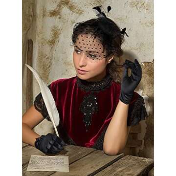 Geyoga 50s Fascinator Hat for Women Funeral Veil Hat Pillbox Cocktail Tea Party Headpiece and Lace Glove (Black,Elegant Style)